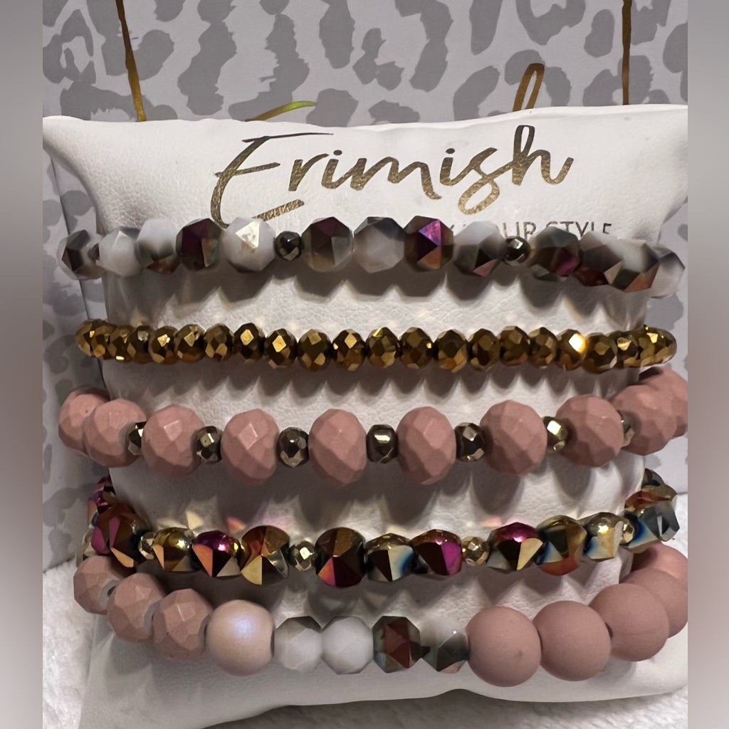 Brand New Erimish Bracelets - 5 Pc Stack - Tan Gold W Iridescent 33$